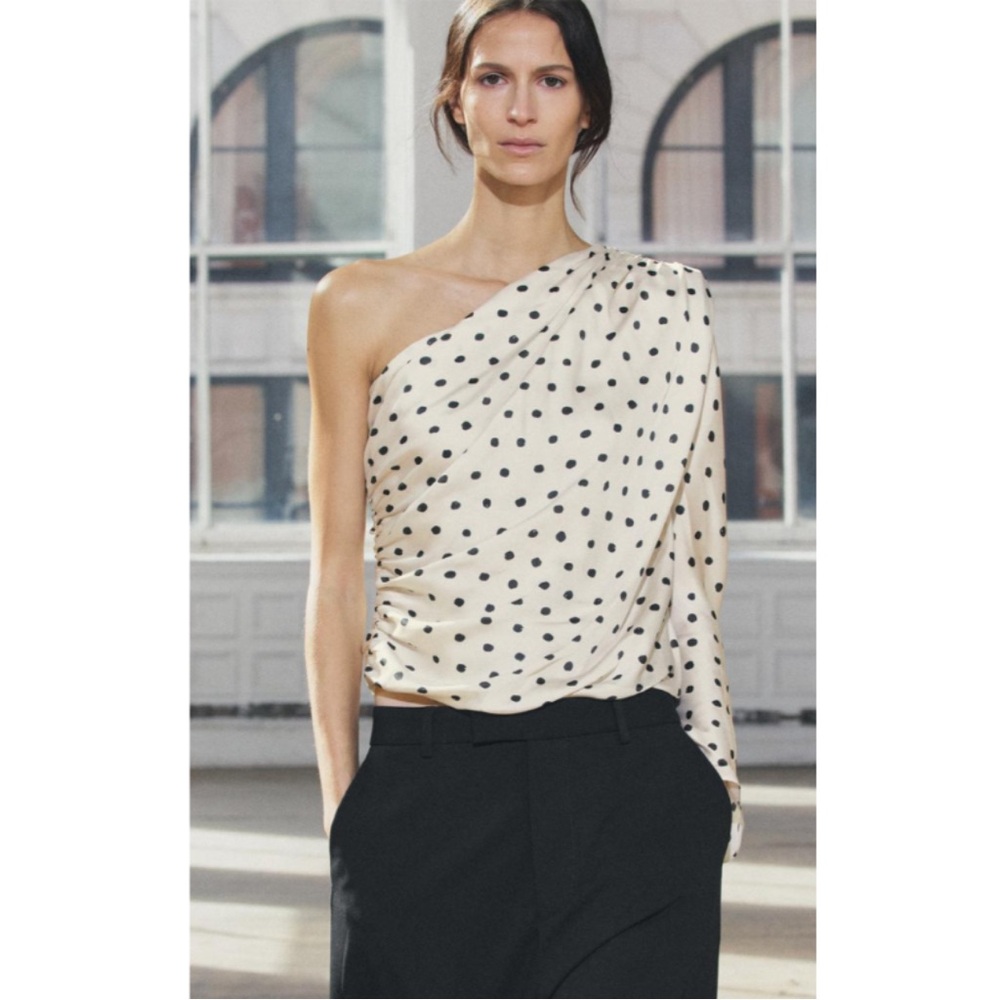 Zara Asymmetric Shoulder Pad Top in Black & White Polka Dot